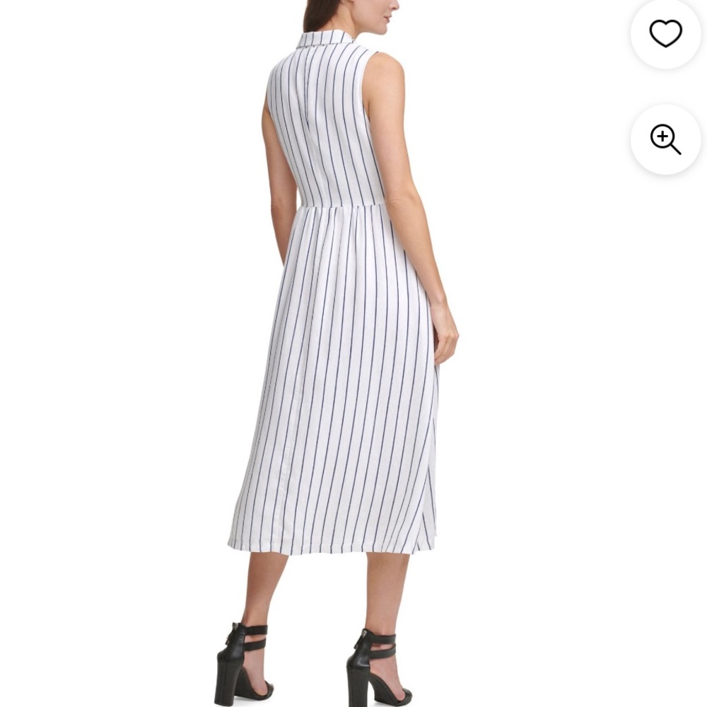 DKNY Womens White Belted Button Closures Striped Sleeveless  Midi Shirt Dress - Picture 4 of 11
